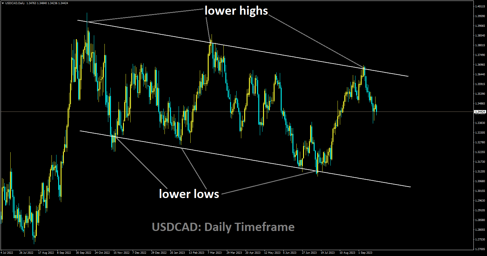 USDCAD is moving in Descending channel and market has fallen from the lower high area of the channel.