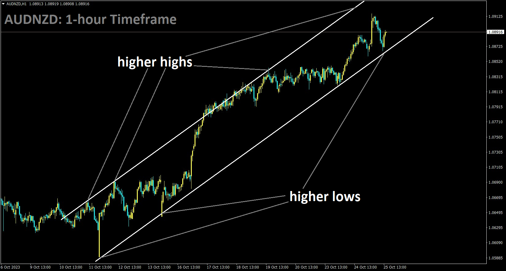 AUDNZD is moving in an Ascending channel and the market has rebounded from the higher low area of the channel.