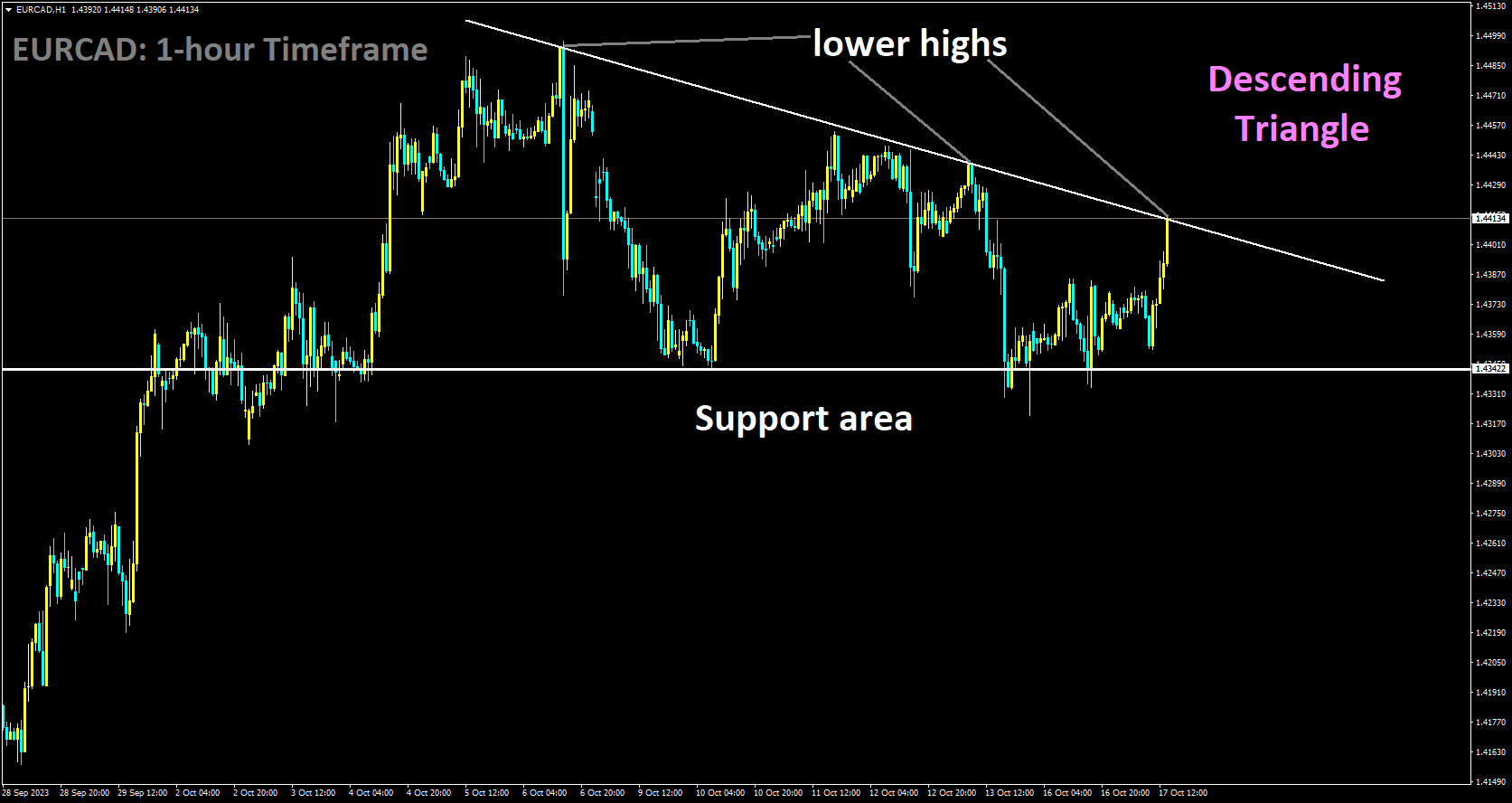 EURCAD is moving in Descending Triangle and market has reached lower high area of the pattern.