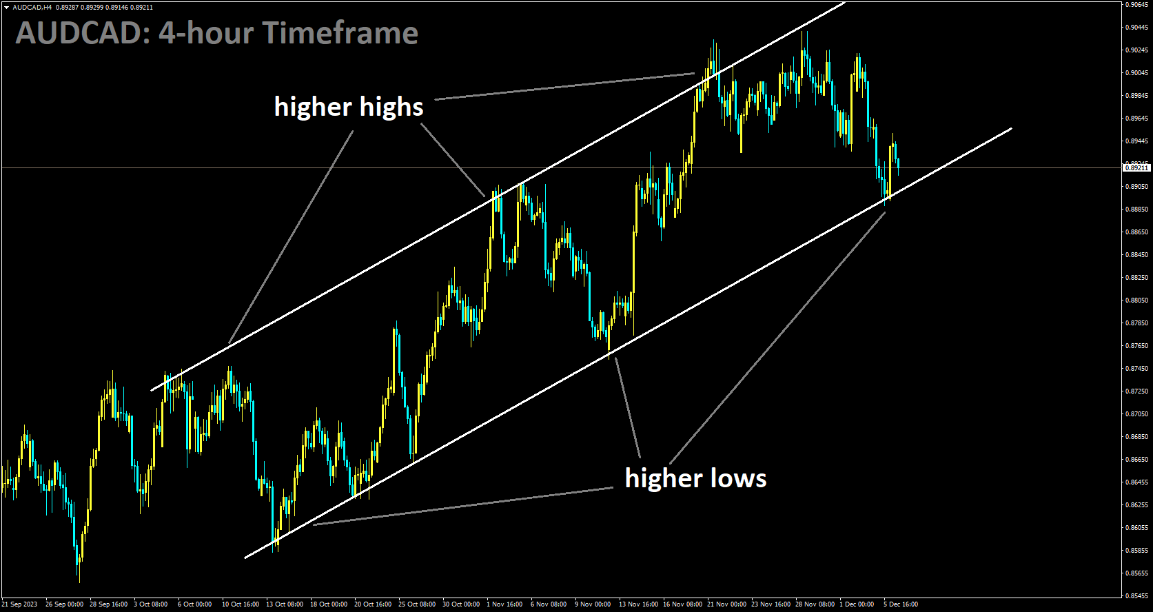 AUDCAD is moving in a ascending channel and the market has reached the higher low area of the channel