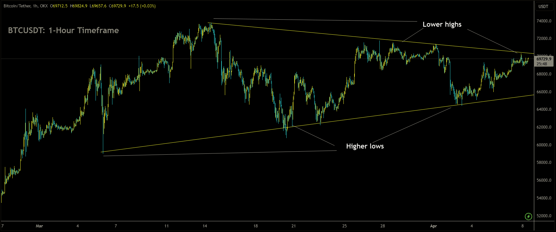 BTCUSDT Market Price is moving in Symmetrical Triangle and market has reached lower high area of the pattern.