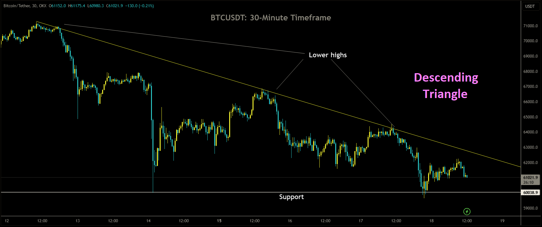 BTCUSDT is moving in Descending Triangle and market has fallen from the lower high area of the pattern.