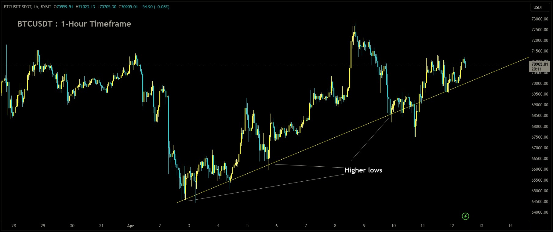 BTCUSDT is moving in uptrend line and market has rebounded from the higher low area of the pattern.