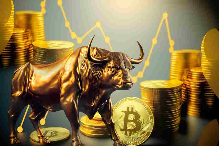 Bitcoin coin golden bull and stock chart Bullish market of BTC