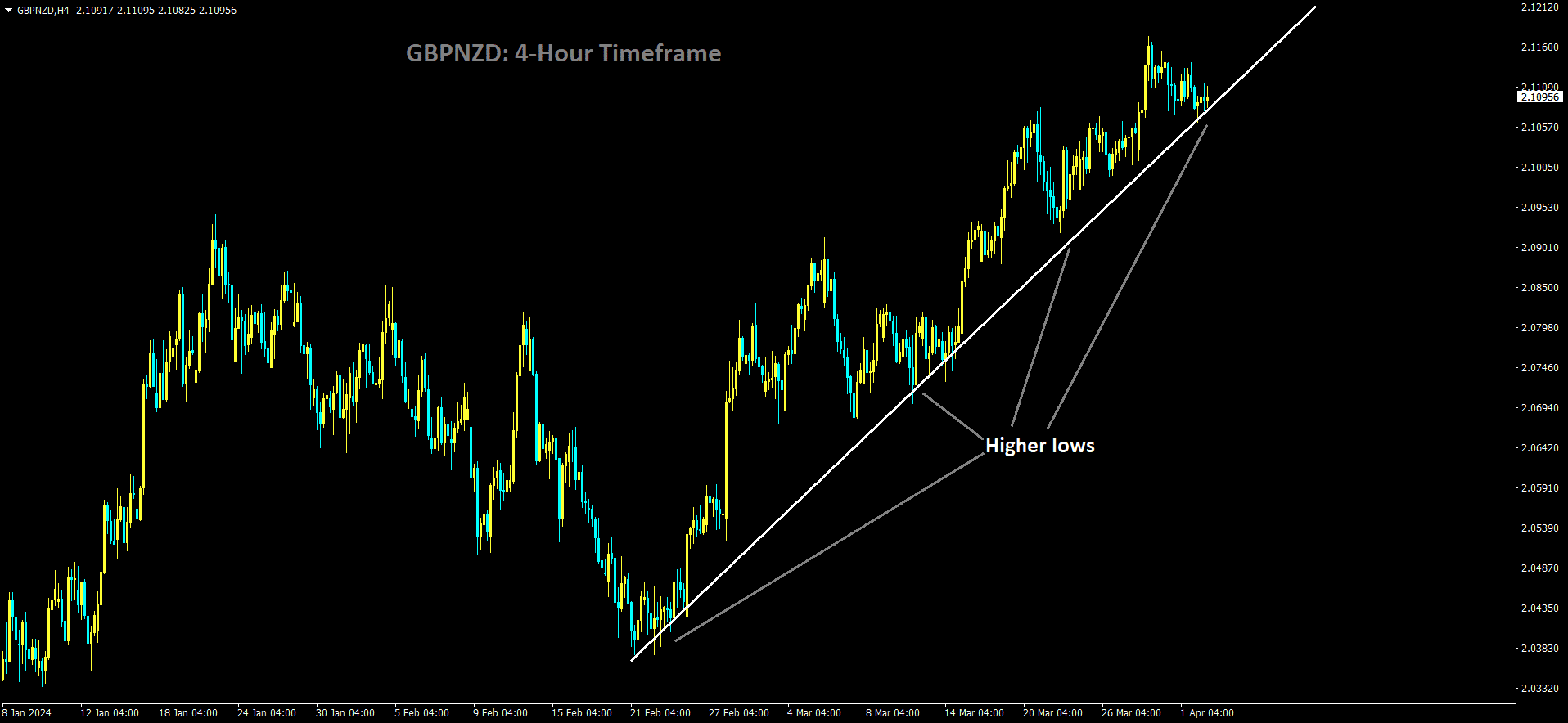 GBPNZD is moving in uptrend line and market has reached higher low area of the pattern.