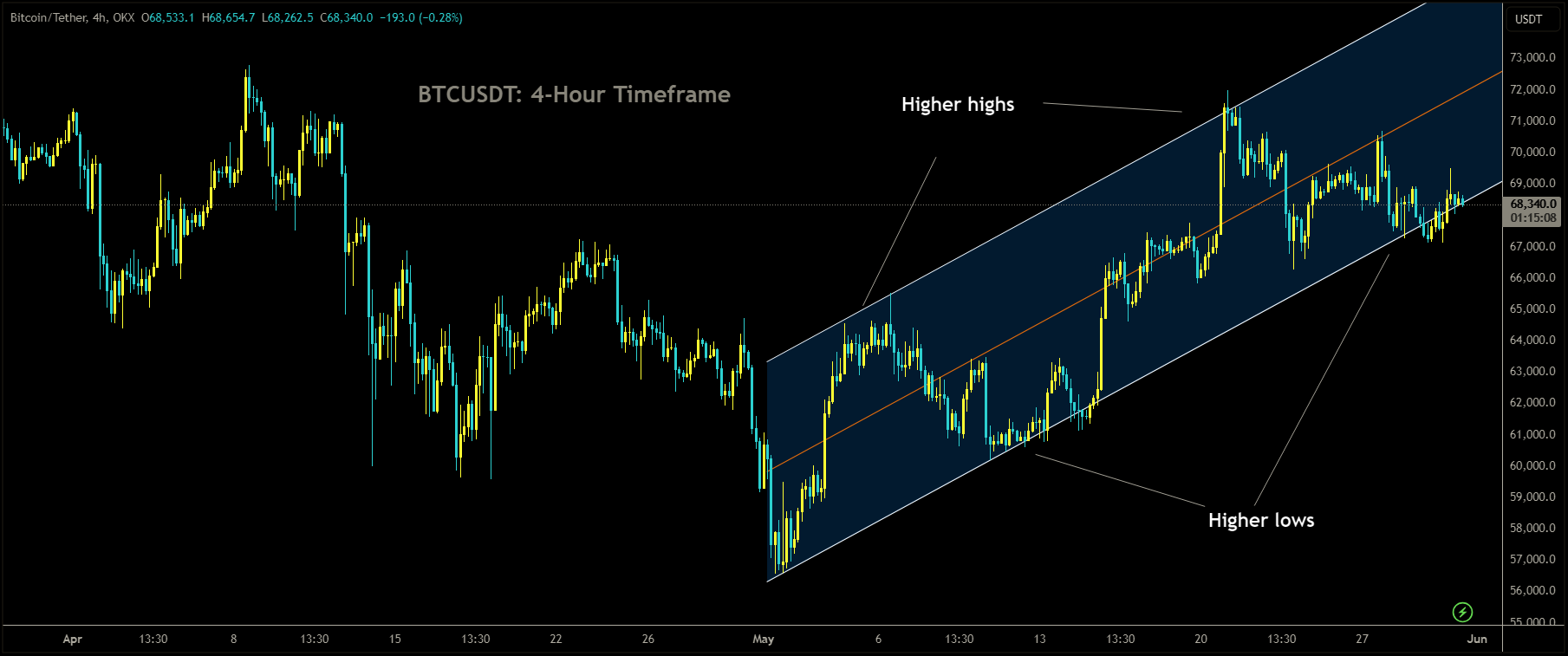 BTCUSDT is moving in Ascending channel and market has reached higher low area of the channel.