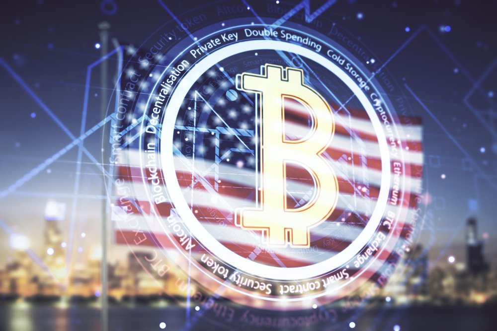 Bitcoin symbol hologram on US flag