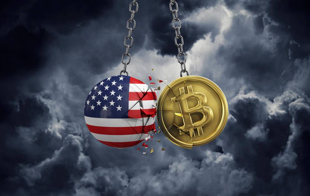 USA flag smashing into bitcoin crypto