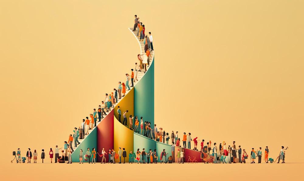 group of people together on an upward arrow