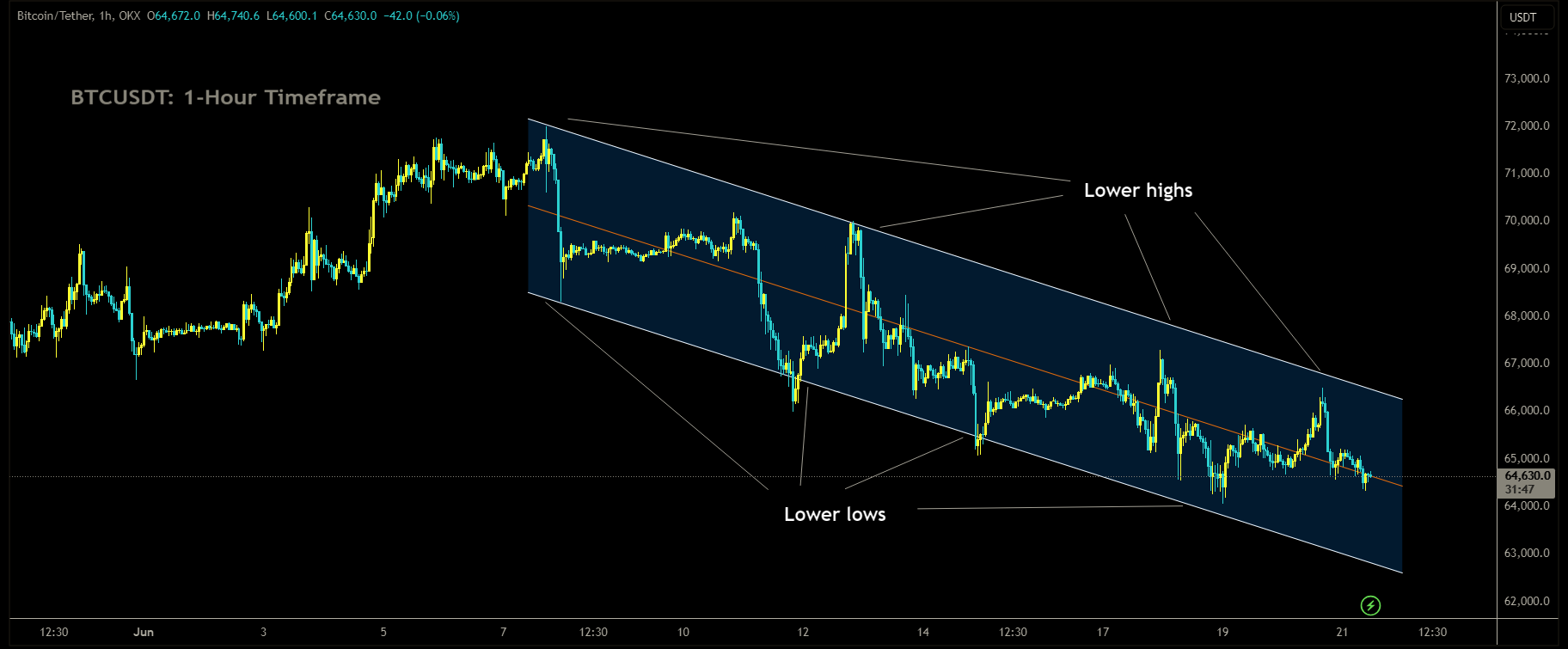 BTCUSDT Market price is moving in Descending channel and market has fallen from the lower high area of the channel 